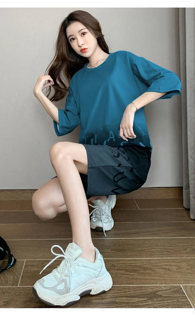 Women's Casual Sports Short Suit Summer New Fashion Fried Street Long T-shirt Crop Tops 2 Two Piece Set For Women Tracksuit