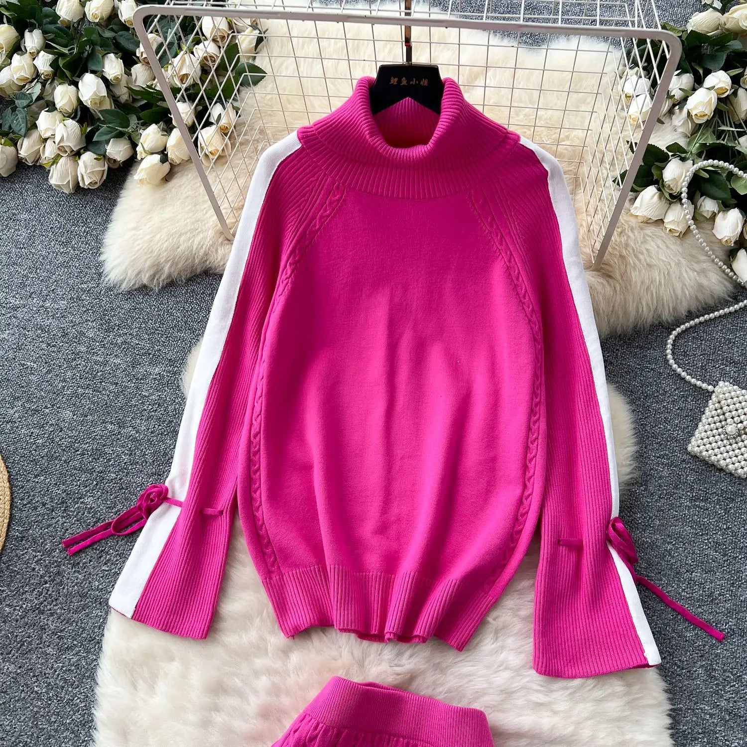 Two Piece Sets Women Skirt Set Turtleneck Knitted Full Sleeve Tops Mid Length Skirts Wrap Hip High Waist Y2k Streetwear Elegant