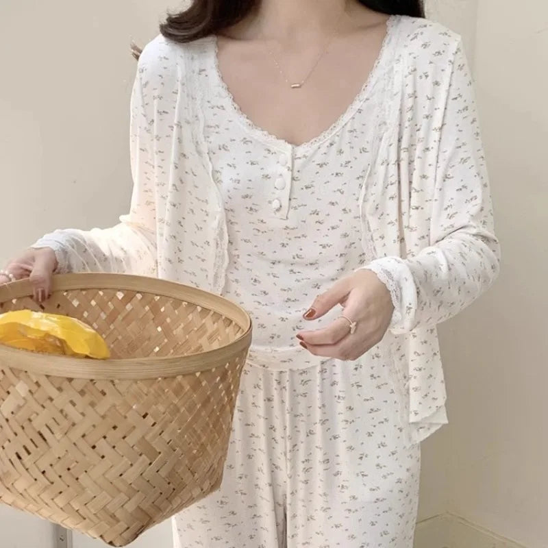 Three-Piece Pajama Set for Women Floral Lace Sweet Cardigan Camisole Homewear Long Sleeves Long Pants Fancy Underwear Ladies