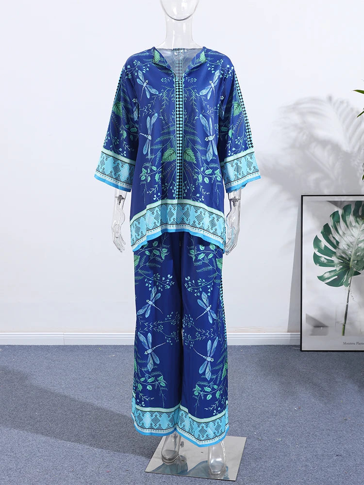Conjunto de pantalones largos estampados para mujer, elegante camisa de manga larga con cuello en V, pantalón ancho holgado, traje de verano de 2 piezas para mujer, estilo urbano