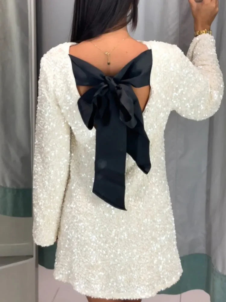 Fashion Shining Sequin Mini Dresses Women Long Sleeve Bowknot Chic Short Robe Female Elegant Holiday Evening Party Look Vestidos