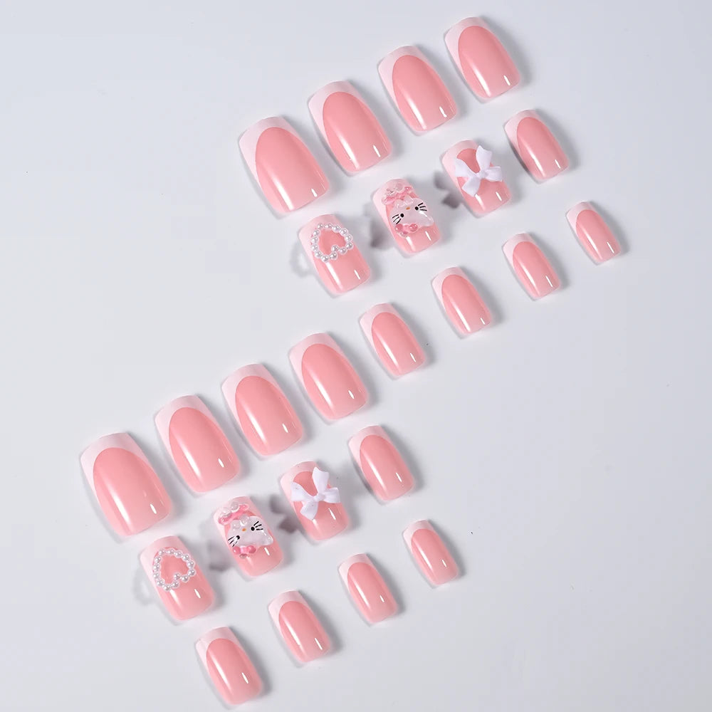 24pcs 3D Hello Kitty Heart Bow False Nails Pink-White French Press on Nails Medium Square Fake Nails for Daily/Party/Gathering *