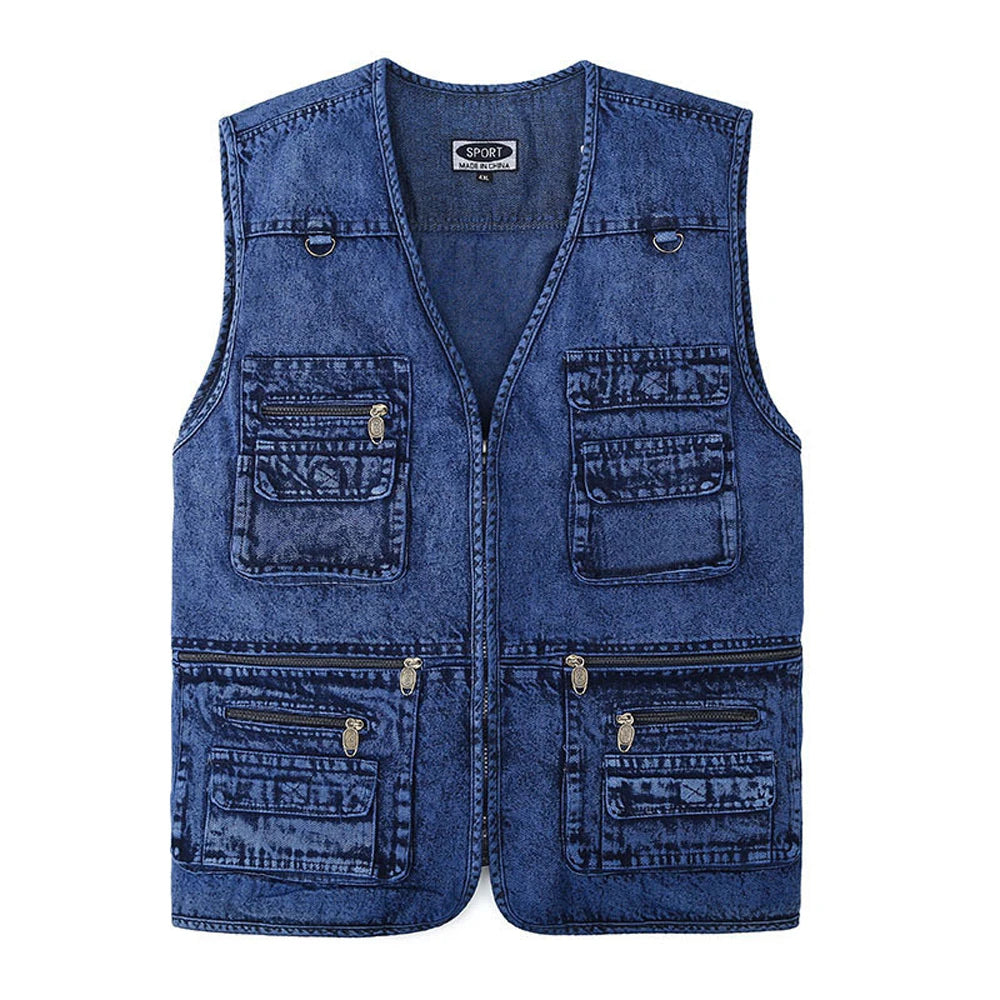 Men's Vest Coat Dark Bluemulti-pocket V-neck Fishing Sleeveless Coat Truck Driver Bicycle Denim Jacket Mountaineering Vest