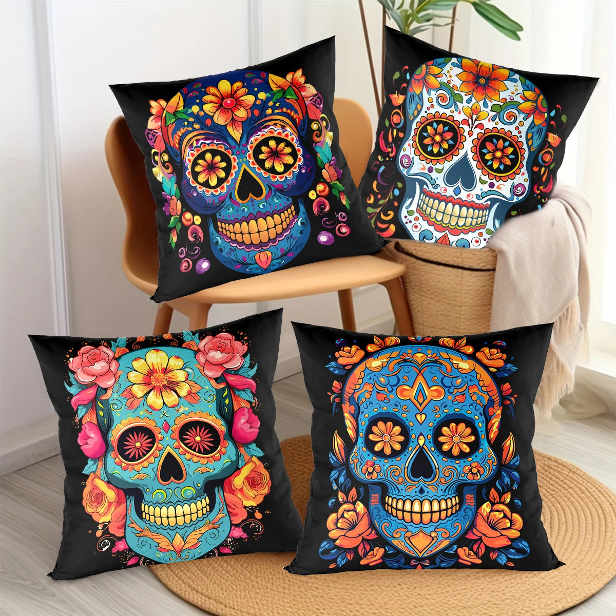 4pcs Mexican Day of The Dead Floral Throw Pillow Covers Holiday Party Decor Dia De Los Muertos Cushion Covers Home Decoration