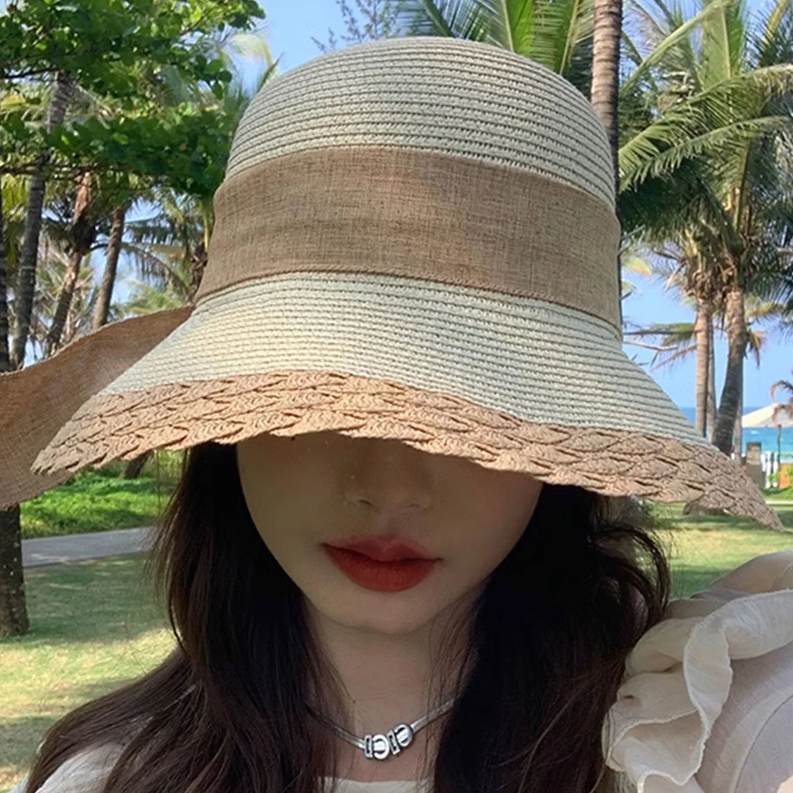 Sombreros de paja de ala ancha para mujer, diseño de borde de encaje, gorras de playa con lazo para deportes al aire libre, senderismo y viajes