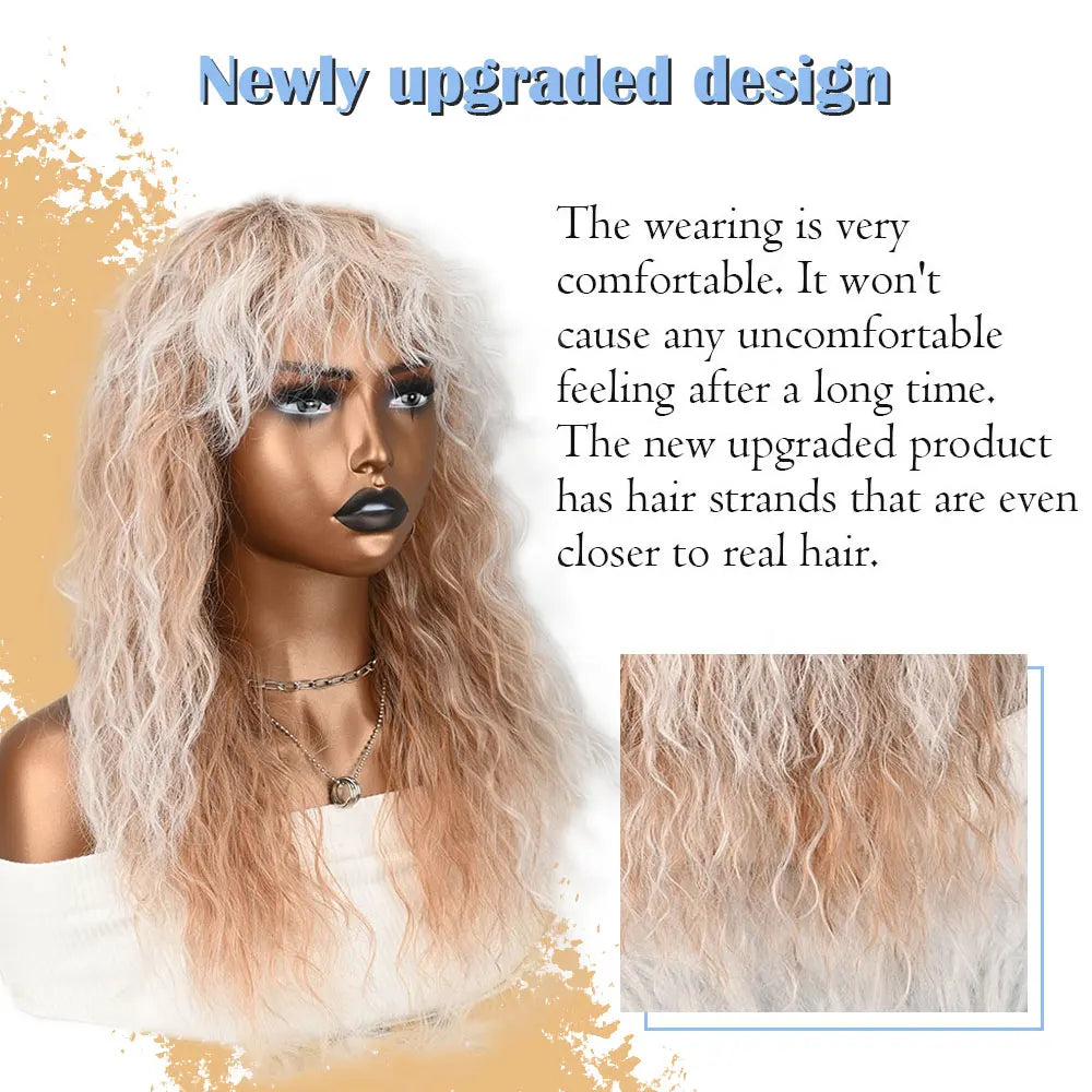 Long Curly Wig with Bangs for Women Ombre Ash Blonde Synthetic Hair Wigs Fluffy Water Wave Wig with Fringe Heat Resistant Synthe