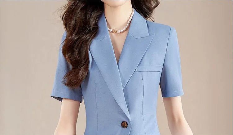 Women Formal Suits 2 Pieces Sets Elegant Slim Short Sleeve Cardigan Tops Conjuntos Summer Ol High Waist Pencil Pants Ensembles