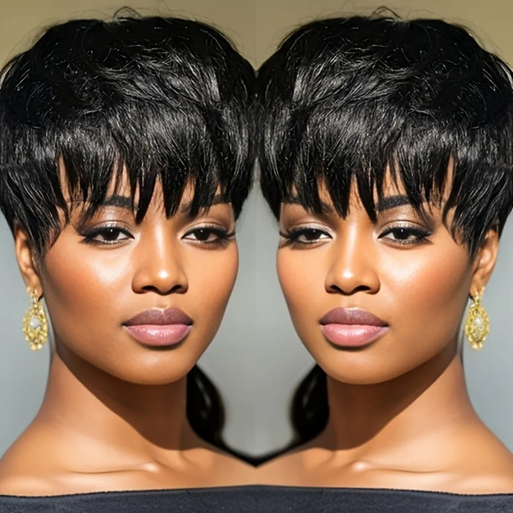 Pelucas de cabello humano marrón 99j de 6 pulgadas con 150% de densidad, corte pixie corto liso, hechas a máquina para uso diario en mujeres