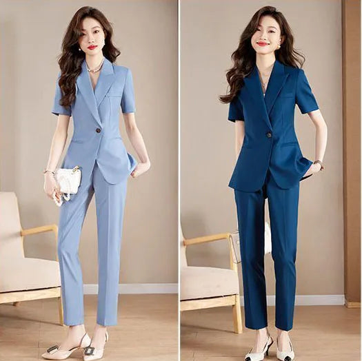 Women Formal Suits 2 Pieces Sets Elegant Slim Short Sleeve Cardigan Tops Conjuntos Summer Ol High Waist Pencil Pants Ensembles