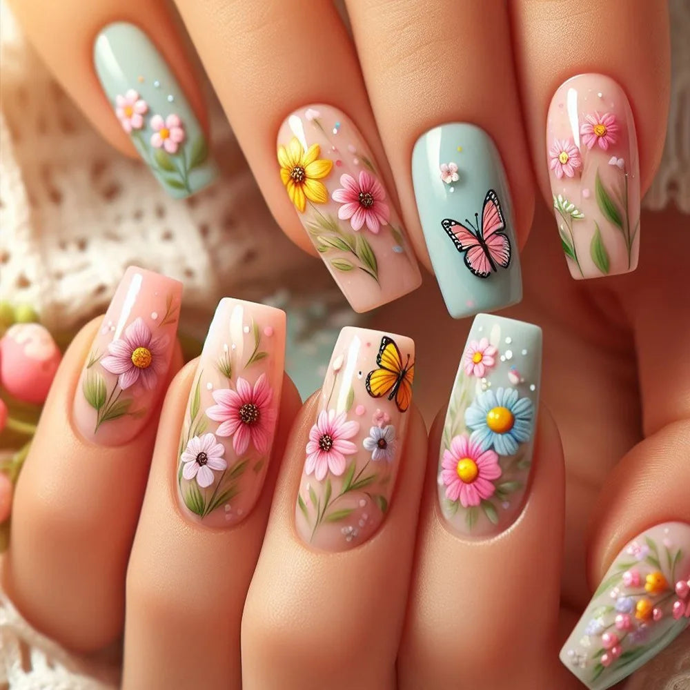 24pcs Ballet Nails Sets Press on Flower Design Mid-length False Nails Art Gradient Fake Nail Pink Square Datachable Manicure Tip