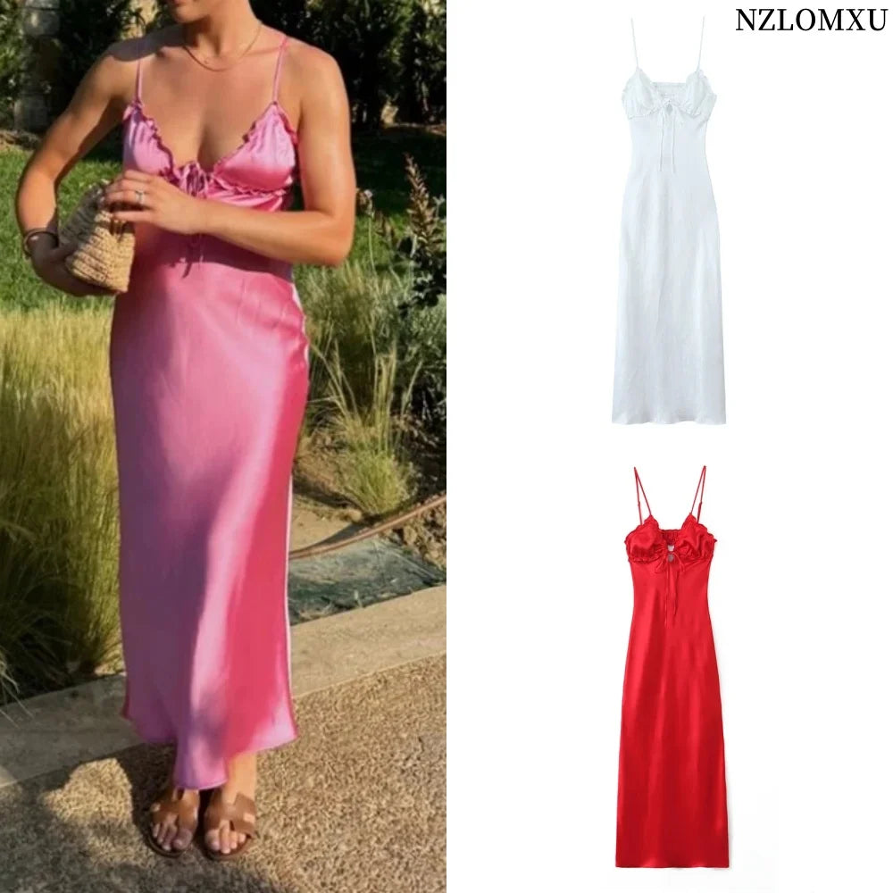 women's clothing summer new beach style fashion temperament elegant satin texture ruffled sling midi dress 3573/331