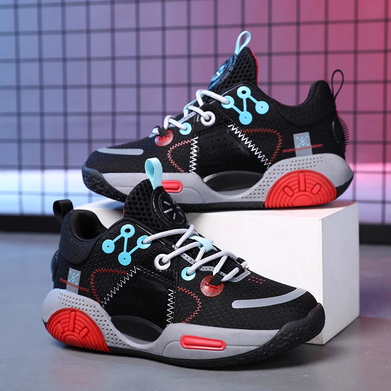 Kids Fashion Sneakers for Boys Leather Breathable Sports Basketball Shoes Lightweight Children School Walking Footwear