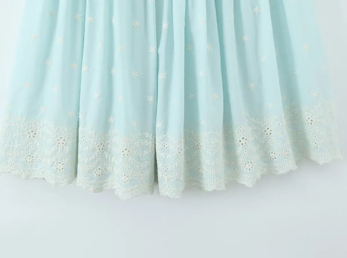 Sleeveless Top Skirt Two Pieces Matching Set for Women Light Blue Vintage Skirt Set French Style Embroidery Cotton Dress Set