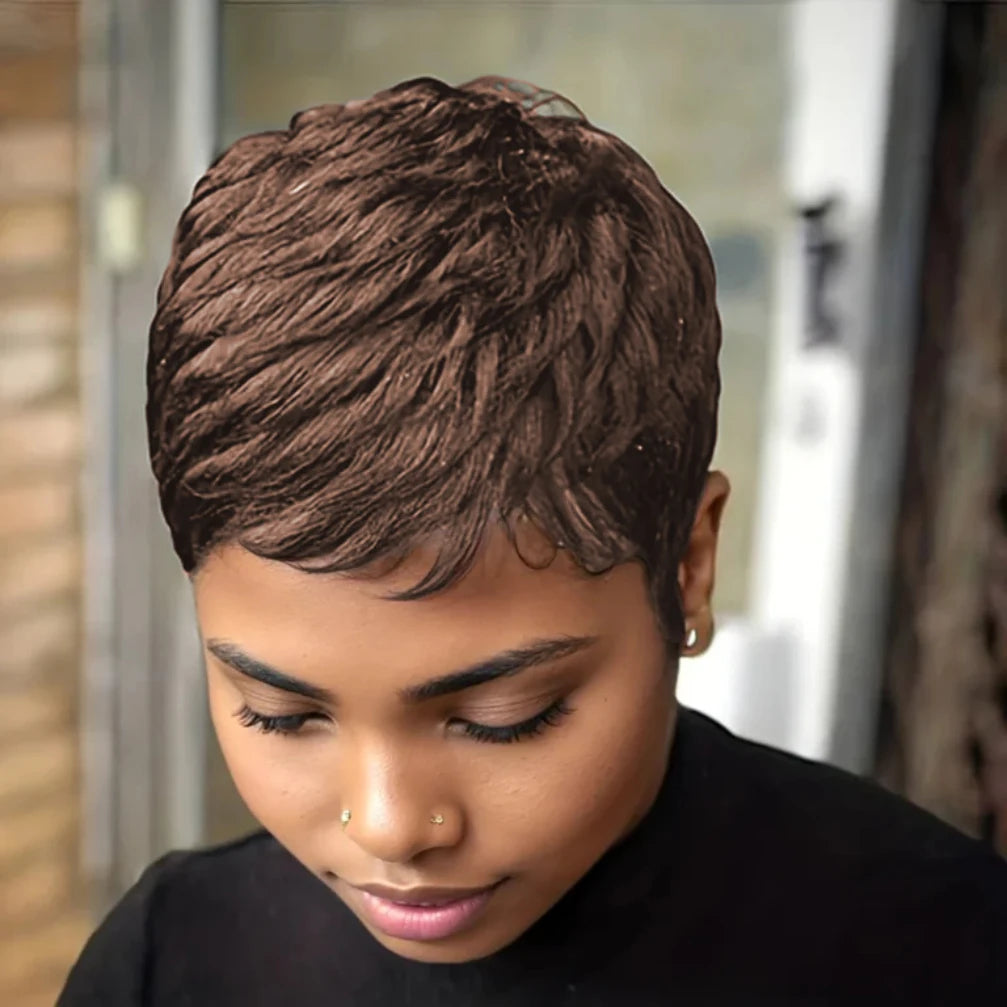 Curly Wave Wig 150% Density 4 Inch Pixie Cut Curly Wave Human Hair Wig for Women Full Machine Made Wig for Daily Wear and Party