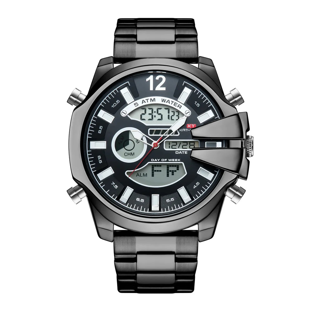 KAT-WACH Men Big Dial Wrist Watches Gold Top Brand Luxury Male Clock 2024 Gold Black Quartz Dual Display Chronograph Dropship