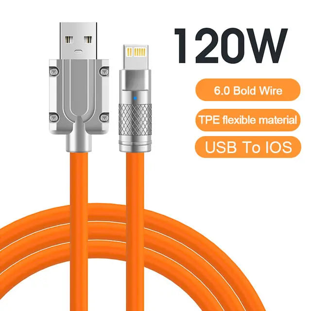 Cable de datos USB C de silicona líquida de carga súper rápida 120W 6A para iPhone 14 15 Huawei Samsung Xiaomi Cargador rápido Tipo C
