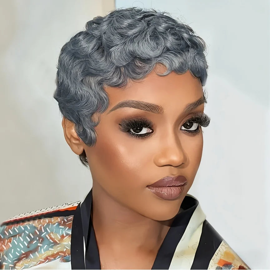 Grey Color Human Hair Wig Layered Short Curly Pixie Cut with Bangs Machine Made Wig Comfortable & Secure Fit