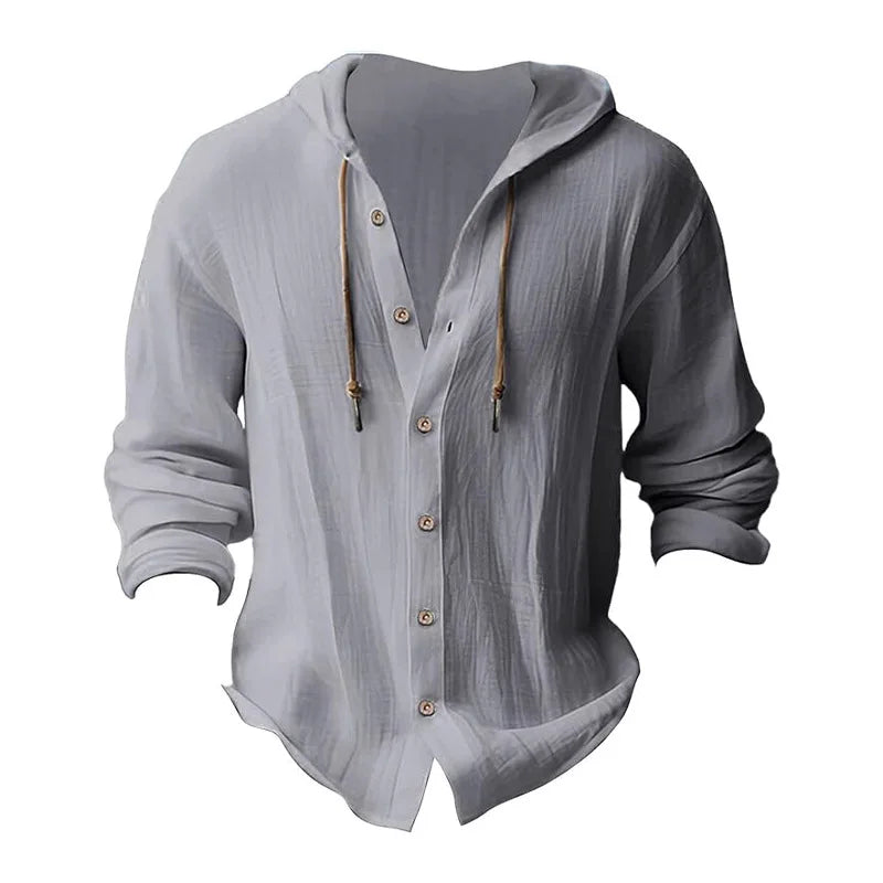 Camisas casuales de playa para hombre, de algodón y lino, con capucha, de manga larga, para hombre, holgada, de color liso, con botones, cárdigan, ropa de calle.