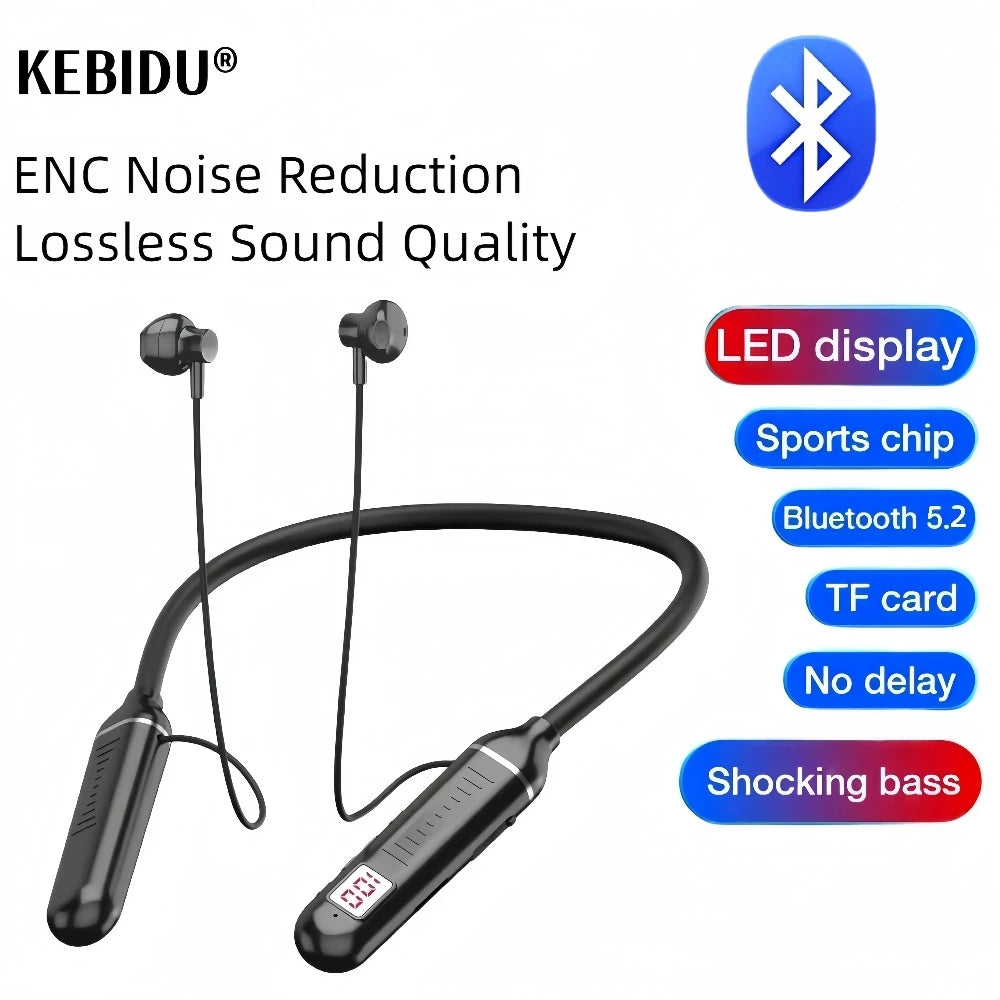 Bluetooth 5.3 Earphones Wireless Neckband Headphones Gaming LED Display HIFI Headset Sports TWS Earbuds With Mic TF Card