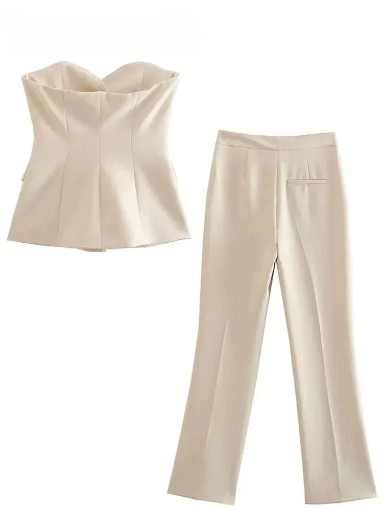 Traje de pantalón elegante sólido para mujer, tops sin tirantes sexy con botones delanteros + conjunto de pantalón con aberturas laterales, moda urbana femenina