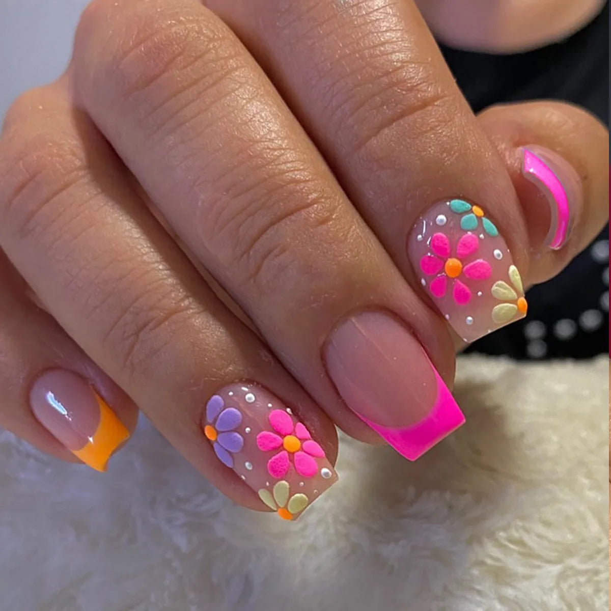 24pcs/box Glossy Short Square Fake Nails Colorful French Tip Press On Nails Flower Pattern Spring Summer False Nails For Women