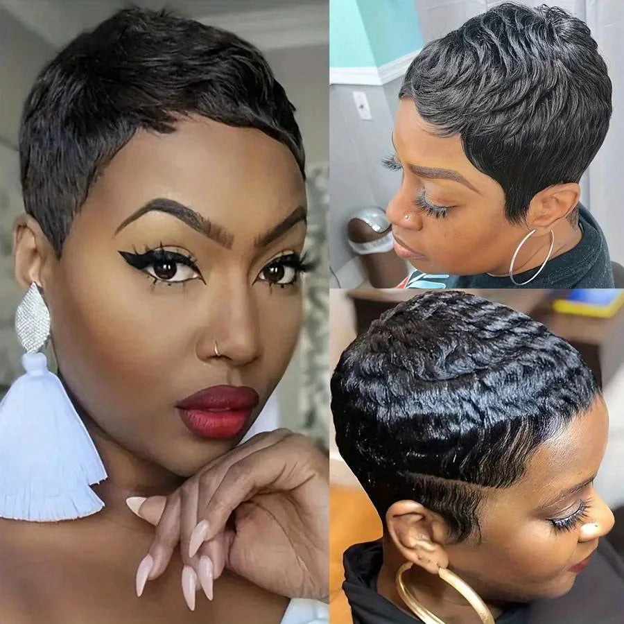 Perruque coupe pixie courte, droite, dégradée, couleur noir naturel/99j/30, 4 pouces, densité 150 %, en cheveux humains, fabriquée à la machine.