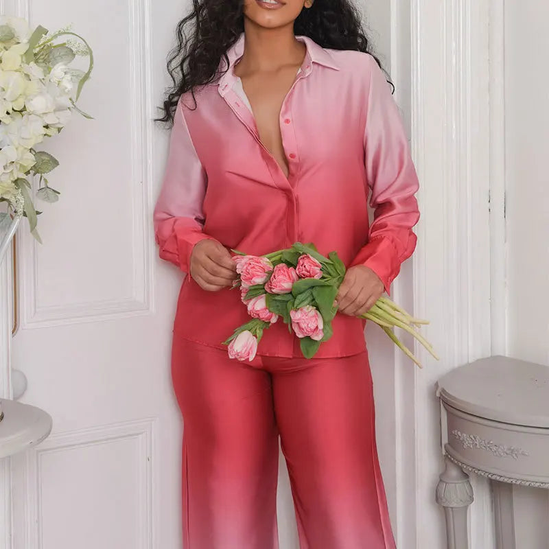 Elegant Women Two Piece Pants Set Casual Fashion Loose Long Sleeve Shirt Top High Waist Wide Leg Pants Suit Outfits Tracksuit
