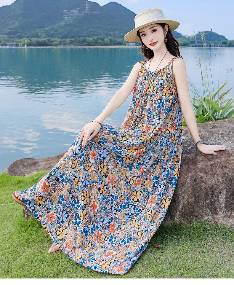 New Fashion Hot Summer Dresses For Women  Casual Flower Print Floral Sleeveless Dress Vintage Dress Loose Women Clothing