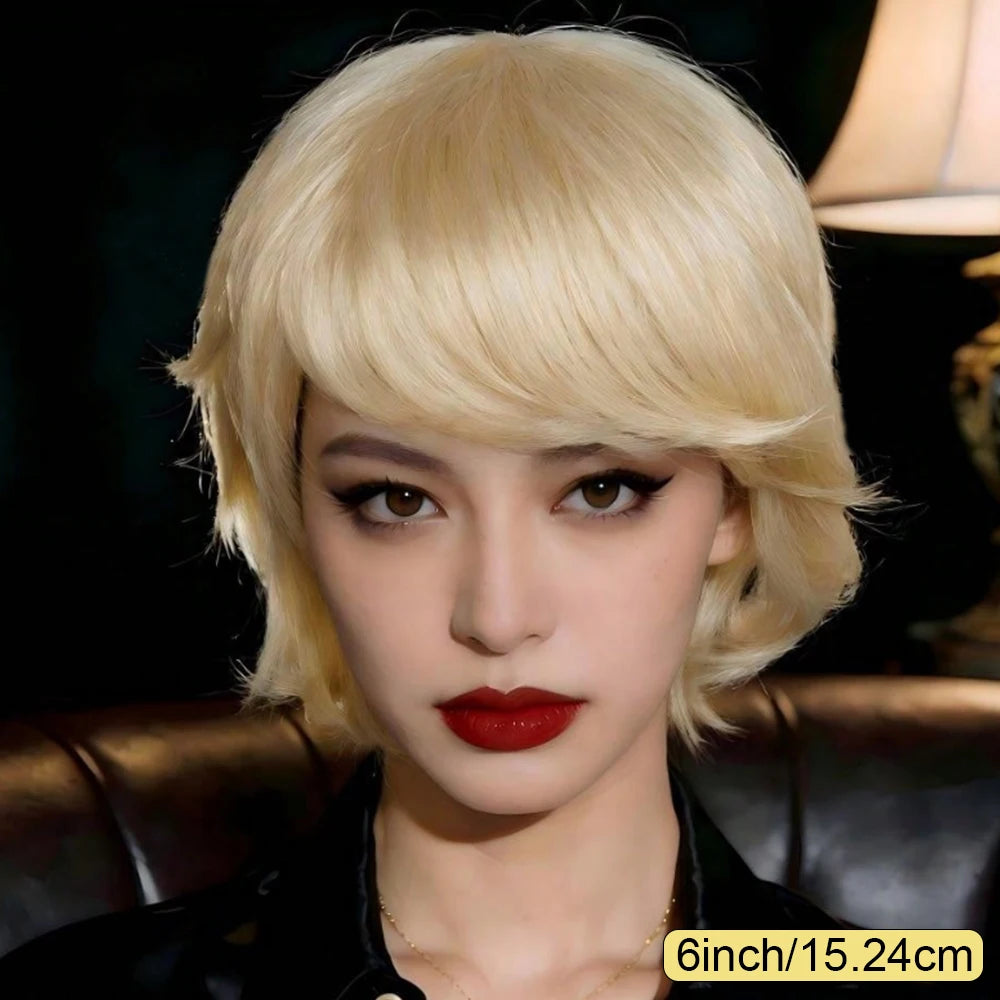 Natural 613 Platinum Blonde Short Layered Pixie Bob Human Hair Wig with Bangs, Lightweight Voluminous Layered Blonde Pixie Bob Wig with Fringe, Full Machine Made Light Yaki Style for Women Daily Wear