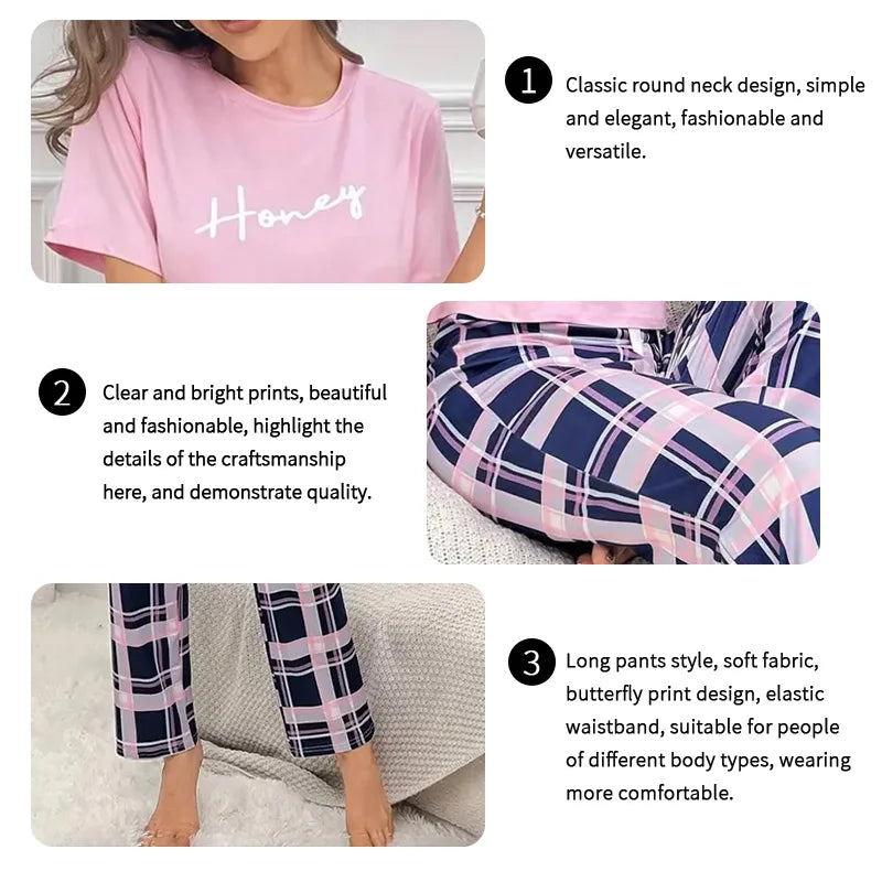 Women's Pajamas Set Soft Comfortable Letter Print T-Shirt & Plaid Long Pants Sleepwear 2 Pieces Home Clothes Loungewear Pyjama