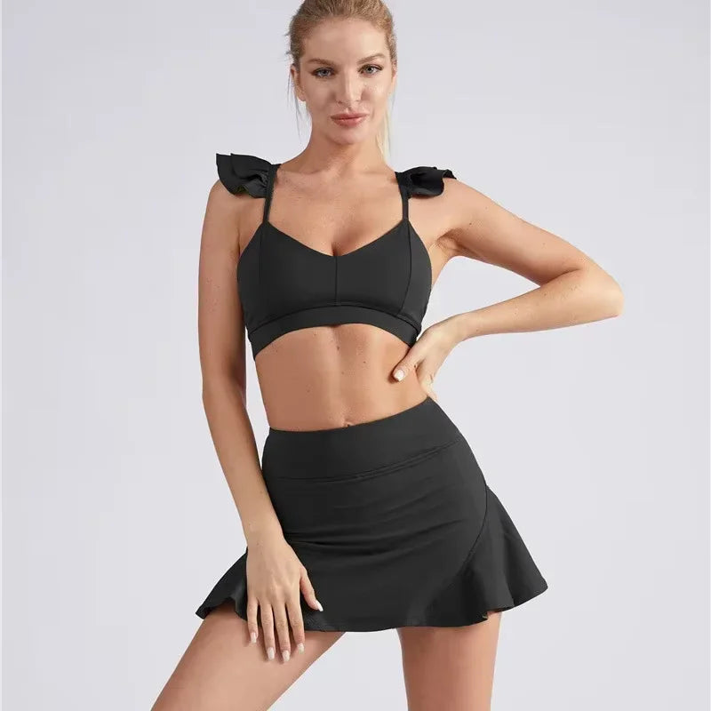 Two Piece Set Women, Yoga Gym Running Badminton Skirt Suit, Crop Top, Sports Bra, Stacked Shorts, Tennis Skirt, Workout Clothing