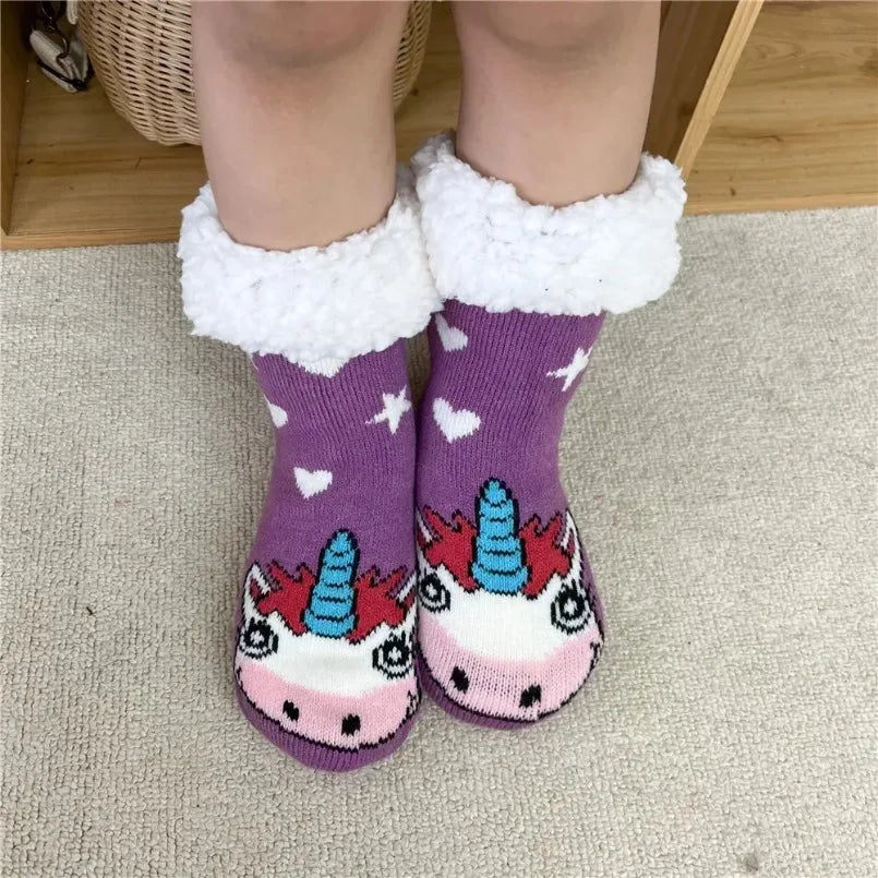 Fuzzy Thermal Sock Women Winter Warm Funny Bear Sheep Cute Kawaii Non Slip Cartoon Sleeping Soft Comfy Female Floor Slipper Sock