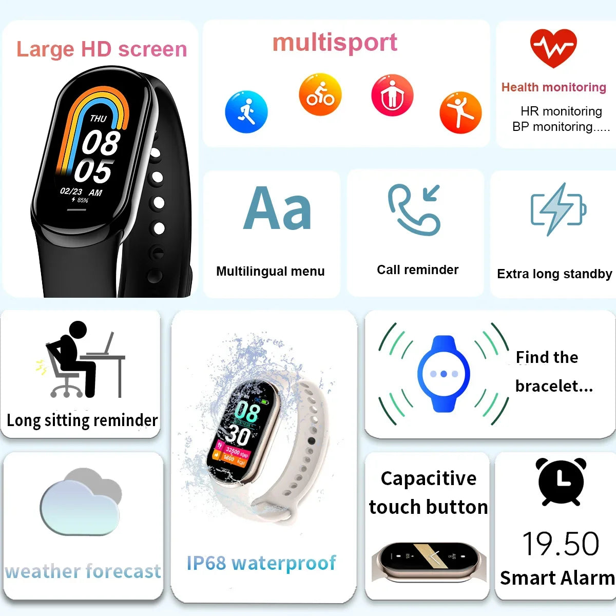 Smart Bracelet Multi-Function Heart Rate Blood Pressure Monitor Step Music Sleep Monitoring M8 Smart Fitness Sports Watch