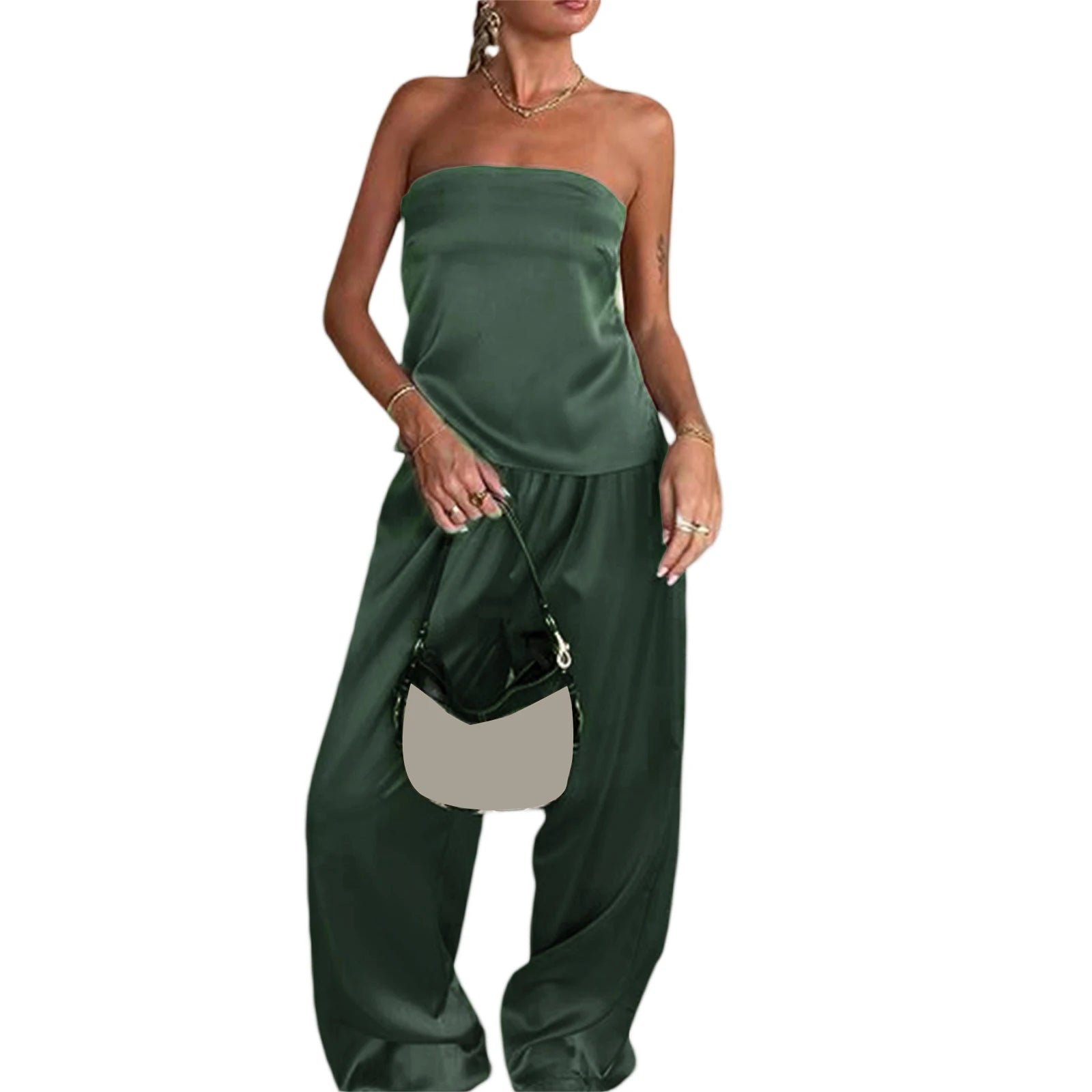 Women Satin Tube Top Pants Set 2 Piece Backless Lace Up Crop Tops Wide Leg Pants Y2k Coquette Clubwear Party Matching Outfits