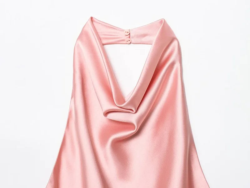 MUJER Halter Tops for Women Black Satin Backless Top Female Pink Summer Beach Top Woman off Shoulder Camisole Top Women