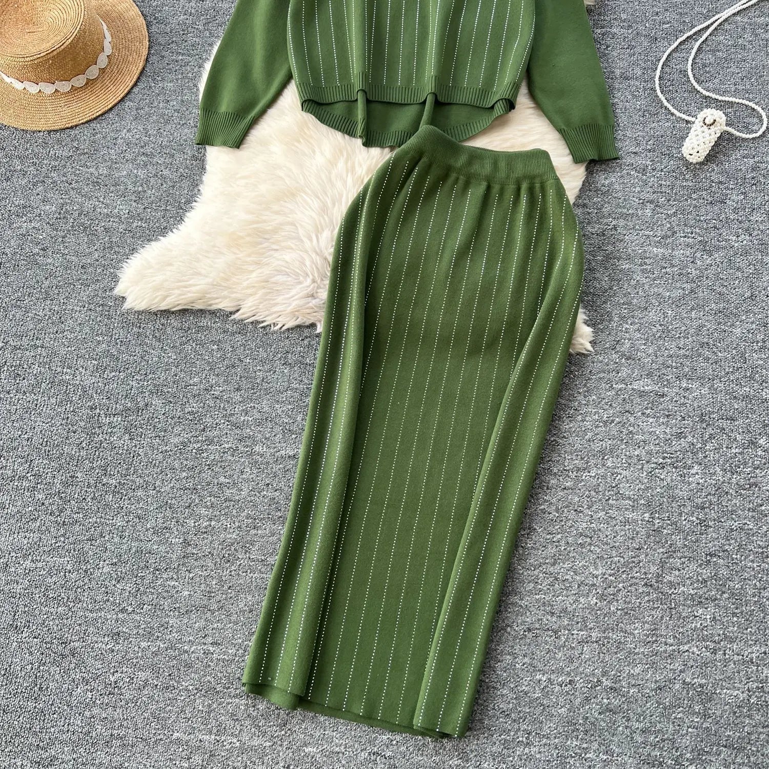 Women Skirt Sets Two Piece Sweater Set Full Sleeve Knit Tops Dress Sets Wrap Hip Skirts Casual Top Diamonds Spliced Autumn 2025
