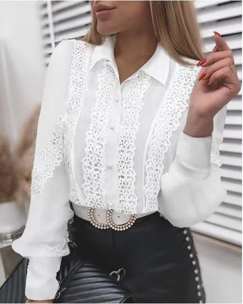 Spring and Summer Fashion New Women's Clothing Design Sense White Lace Long Sleeve Lace Hollowed Western Style Women's Shir