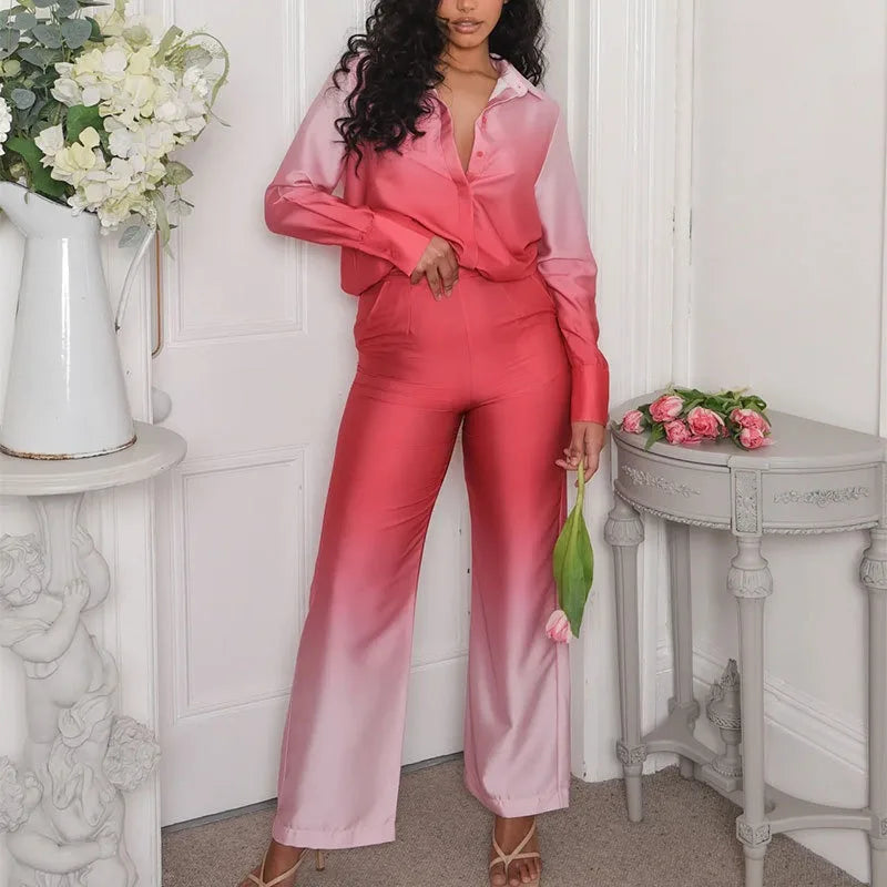 Elegant Women Two Piece Pants Set Casual Fashion Loose Long Sleeve Shirt Top High Waist Wide Leg Pants Suit Outfits Tracksuit