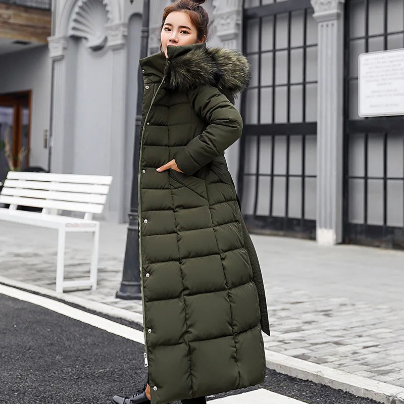 Chaqueta larga de algodón para mujer, parkas, abrigo, nueva, invierno, hasta la rodilla, suelta, con cuello grande de piel, con capucha, cálida, gruesa, parkas para mujer, abrigo acolchado