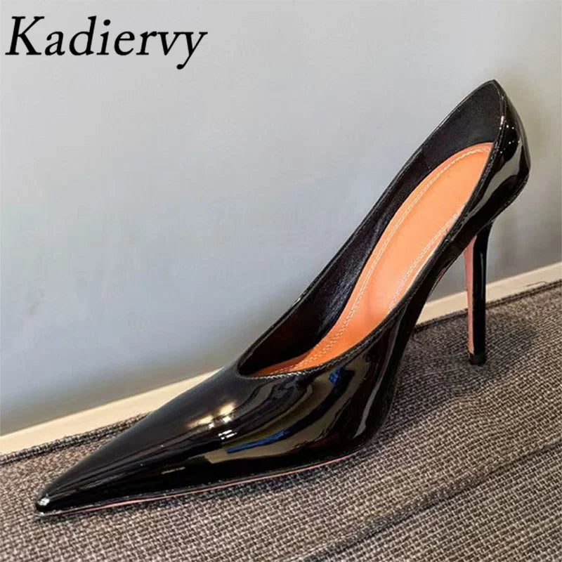 New High Heels Shoes Woman Pointed Toe Slip-on Women Pumps Patent Leather Thin Heels Runway Mules Shoes For Women