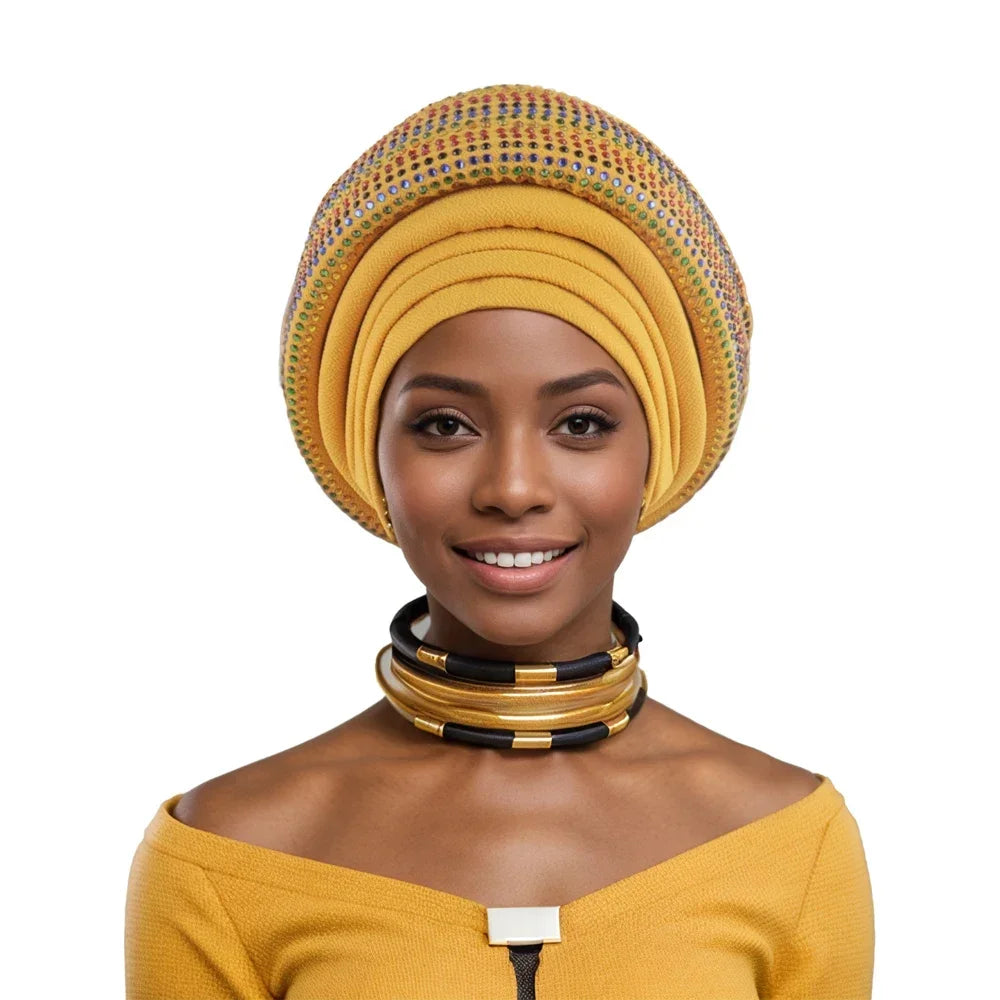 Gele Headtie Already Made African Head Wraps for Women Turban Femme Gelee Nigerian Aso Oke Bonnet Femme Diamonds Headtie 2025