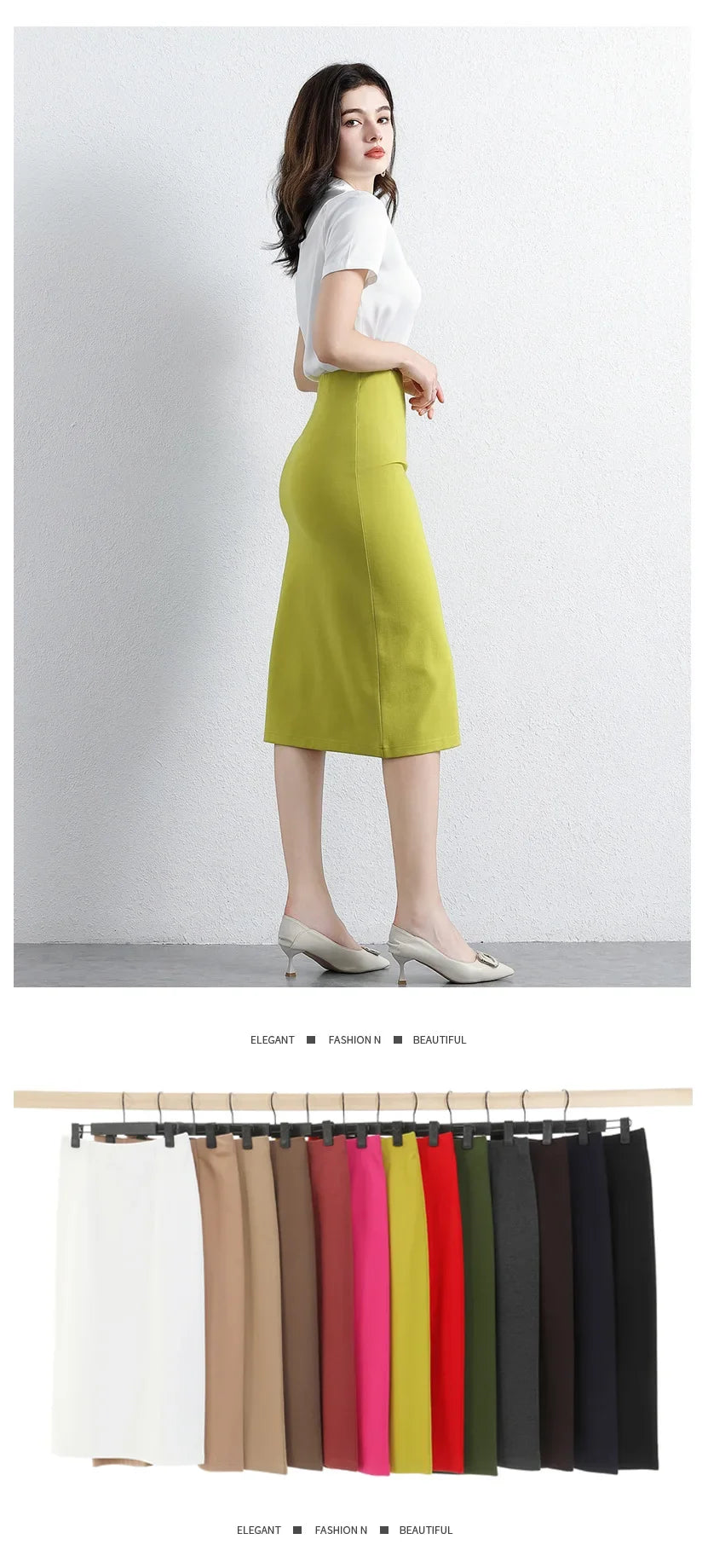 Women Elegant OL Bodycon Skirts Office Faldas Saia Work Slim Fit Jupe Autumn Fashion High Waist Solid Knee-length Skirt
