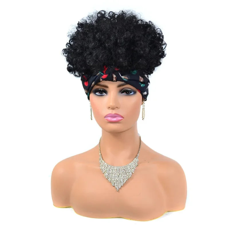 Fluffy Headband Wigs for Black Women Short Afro Kinky Curly Headwrap Wig High Temperature Natural Synthetic Headband Scarf Wig