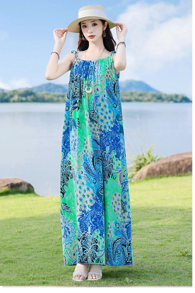 New Fashion Hot Summer Dresses For Women  Casual Flower Print Floral Sleeveless Dress Vintage Dress Loose Women Clothing