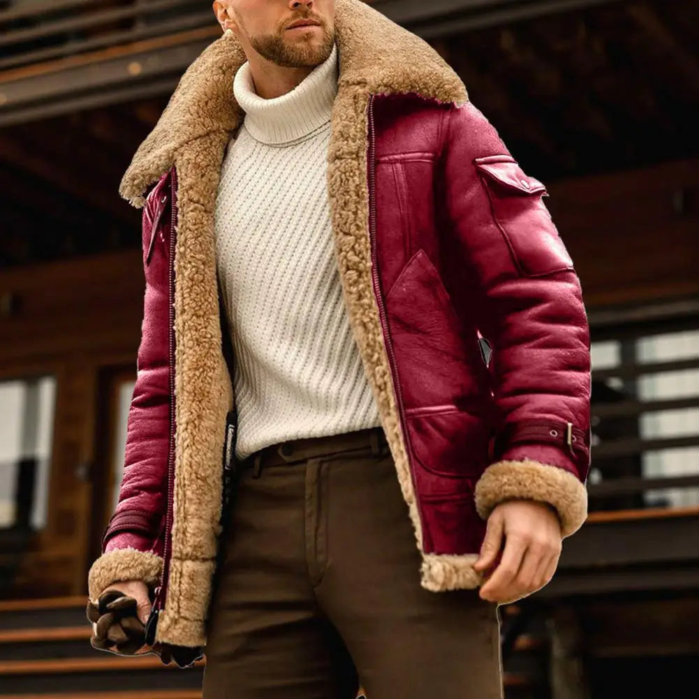 Faux Fur Faux Leather Men Jacket Thickened Plush Lining Winter Men Jackets Vintage Lapel Furry Coldproof Keep Warm Winter Coat