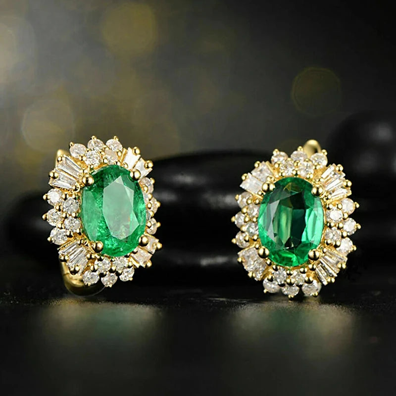 Huitan Oval Green Cubic Zircon Earrings for Women New Trendy Temperament Female Ear Accessories Party Luxury Jewelry Fancy Gift