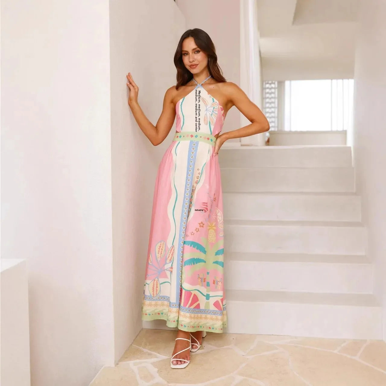 Sexy Long Neck Hanging Strap Backless Dress New Independent Station Cross-Border Sleeveless Knee-Length Polyester Fiber
