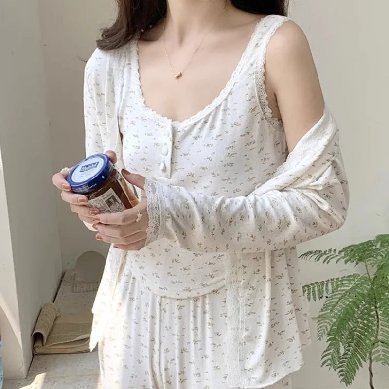 Three-Piece Pajama Set for Women Floral Lace Sweet Cardigan Camisole Homewear Long Sleeves Long Pants Fancy Underwear Ladies