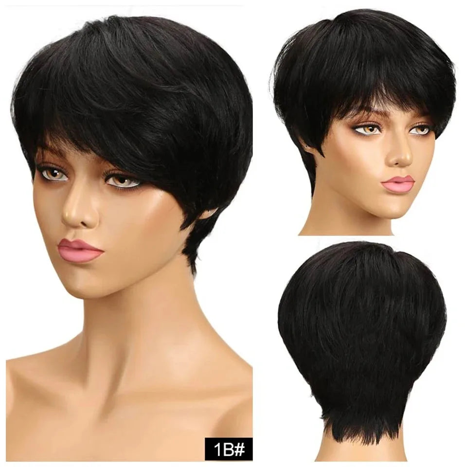 99J Burgundy Short Pixie Cut Wig Human Hair Brazilian 100% Human Hair Pixie Wig with Bangs for Women Full Machine Wigs