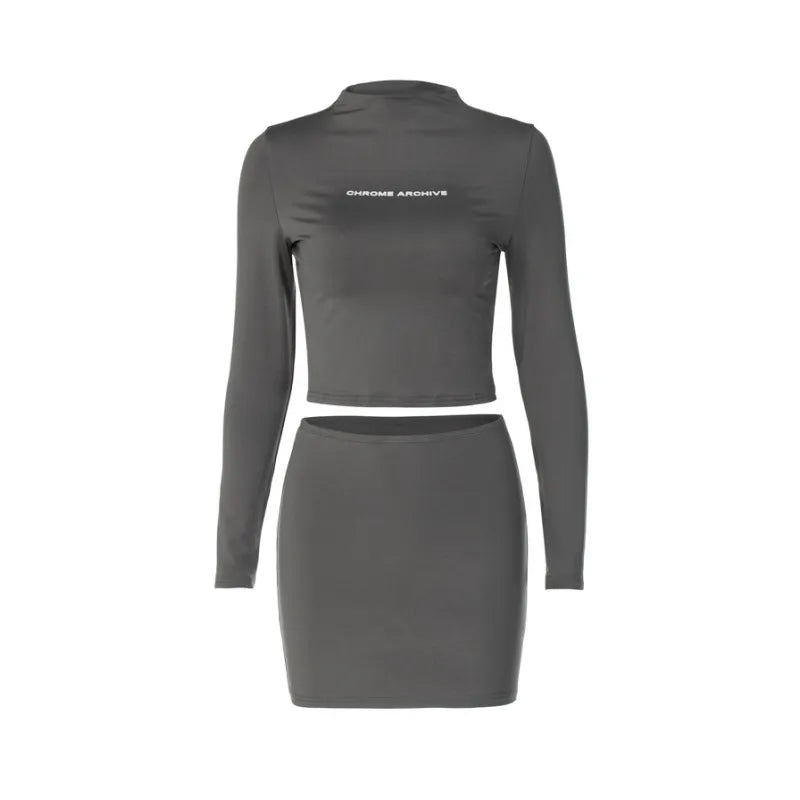 Mini Skirt Set Long Sleeve Crop Top Solid Color Two Piece Sets Womens Outfits Slim Fit Streetwear Letter Print Conjunto Femenino